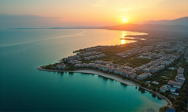 Aerial view of a coastal city with subtle overlay of data heatmaps