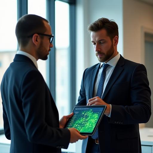 Two professionals in a bright London boardroom reviewing a tablet with interactive environmental heat maps and data charts.