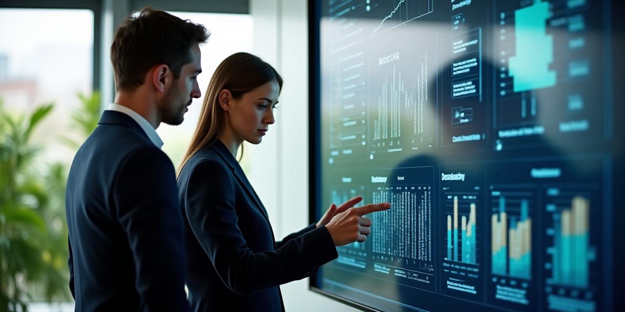 Financial consultants reviewing climate-informed data on screens in a modern sustainable office