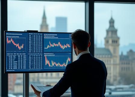 Professional financial advisor reviewing market data boards